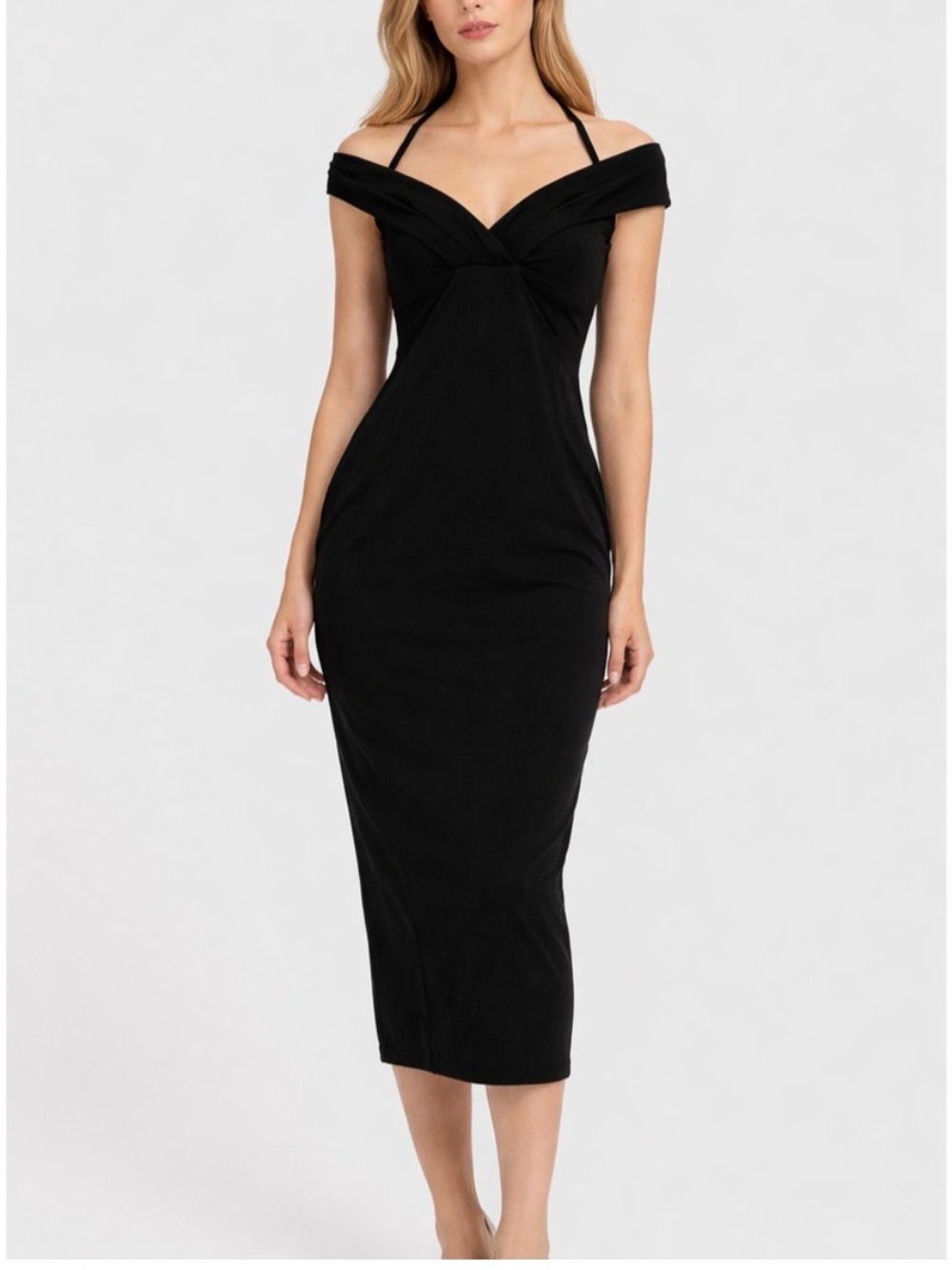 NWT Nookie Athena Off Shoulder Midi Dress XS Black Cocktail Formal Sexy LBD Chic
